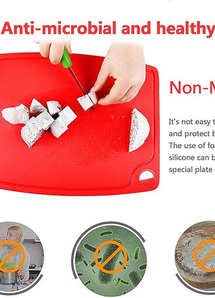 Liflicon Silicone Thick Cutting Boards Mats Set of 3pcs Foldable & Flexible Design Juice Grooves Easy Grip Handle Dishwasher Safe for Kitchen,BPA free Silicone Cutting Boards/Mats-Red
