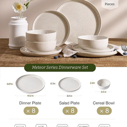Famiware Meteor Plates and Bowls Sets, 24-Piece Stoneware Dinnerware Sets, Dishes Set for 8, Microwave and Dishwasher Safe Tableware, Creamy White