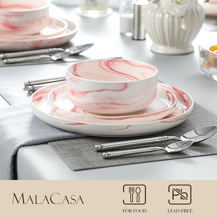 MALACASA Plates and Bowls Sets, 12 Pieces Porcelain Dinnerware Sets Dishware Sets Chip Resistant Ceramic Dish Set Dining Dinner Ware Service for 4, Marble Pink, Series LUNA