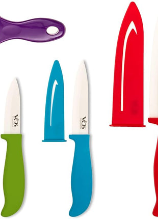 Vos Ceramic Knife Set with Peeler, Ceramic Knives Set For Kitchen, Ultra Sharp Kitchen Knife Set with Covers, 3" 4" 6" Paring, Utility & Chef Knife, Lightweight, Dishwasher safe (Multi-Color Handle)