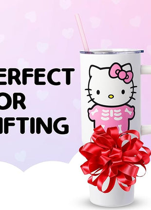 Silver Buffalo Sanrio Hello Kitty Halloween Spooky Skeleton Costume Stainless Steel Tumbler with Handle and Straw, Fits in Standard Cup Holder, 40 Ounces