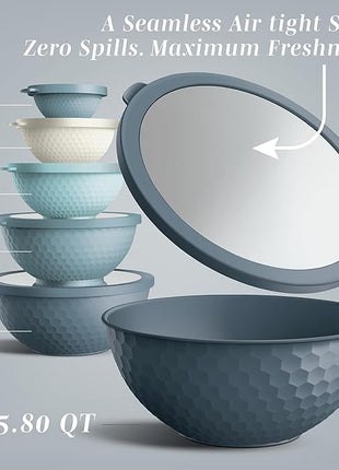 COOK WITH COLOR Mixing Bowls with Lids - 12 Piece Plastic Nesting Bowls Set includes 6 Prep Bowls and 6 Lids, Non Slip Bottom and Embossed Design - Microwave Safe (Blue)