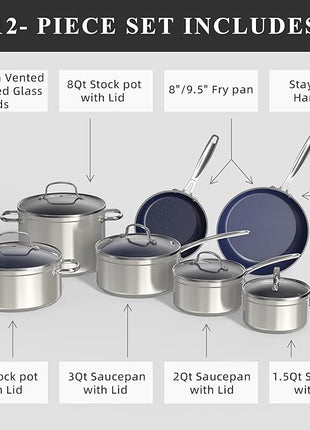Nuwave Healthy Duralon Blue Ceramic Nonstick Cookware Set, Diamond Infused Scratch-Resistant, PFAS Free, Dishwasher & Oven Safe, Induction Ready & Evenly Heats, Tempered Glass Lids & Stay-Cool Handles