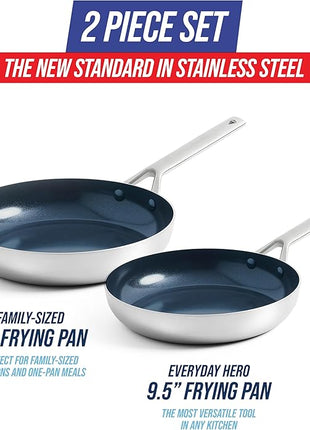 Blue Diamond Tri-Ply Stainless Steel 9.5” & 11" Frying Pan Skillet Set, Healthy Ceramic Nonstick, PFAS-Free, Multi Clad, Induction, Dishwasher & Oven Safe, Versatile Kitchen Essential