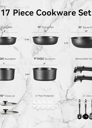 CAROTE 17Pcs Pots and Pans Set Non Stick, Cookware Set Detachable Handle, Nonstick Induction Kitchen Sets Non Stick with Removable Handle, RV Cook Ware, Oven Safe, Black