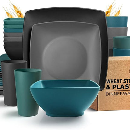 Teivio 32-piece Plastic Wheat Straw Square Dinnerware Set for 8, Unbreakable Dinner Plates, Salad Plates, Snack Bowls, Tumblers 20 oz, Dishwasher Safe, Coastal Multicolor