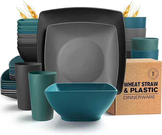 Teivio 32-piece Plastic Wheat Straw Square Dinnerware Set for 8, Unbreakable Dinner Plates, Salad Plates, Snack Bowls, Tumblers 20 oz, Dishwasher Safe, Coastal Multicolor