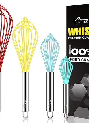 HOTEC 4 Pieces Silicone Whisks Set, Wire Balloon Whisks for cooking Egg Beater, Non-slip Handle Whisk for Non-stick Cookware Perfect for Cooking, Stirring, Beating and Blending (Multicolor)