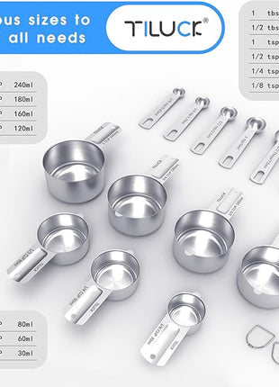 TILUCK Stainless Steel Measuring Cups & Spoons Set,Coffee Scoop Spoon,Kitchen Gadgets for Cooking & Baking,Set of