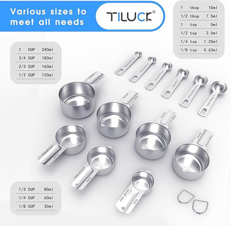 TILUCK Stainless Steel Measuring Cups & Spoons Set,Coffee Scoop Spoon,Kitchen Gadgets for Cooking & Baking,Set of