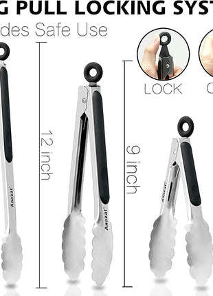 Anaeat Premium Kitchen Locking Tong Set of 3 - Heavy Duty Stainless Steel Food Tongs with Long Handle & Non-Slip Silicone Grip for Cooking, Baking, Grilling - Heat Resistant up to 480°F