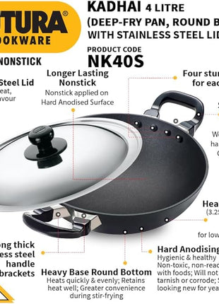 HAWKINS Futura Nonstick Kadhai 4 L, 30 cm, 3.25 mm with SS lid