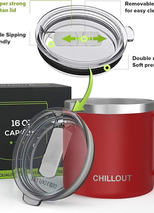 CHILLOUT LIFE Stainless Steel 16 oz Vacuum Insulated Coffee Mug with Handle and Lid, Large Thermal Camping Coffee Mug Cup with Durable Sliding Lid for Men & Women, Keeps your Beverages Hot & Cold