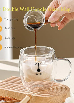 Bear Cute Mugs Kawaii Double Wall Glass Coffee Tea Mill Yogurt Cup Funny Novelty Gift for Women Her Friends Office Birthday Christmas (Bear with handle)