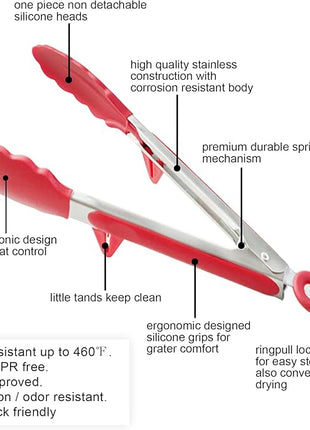 Silicone Tongs for Air Fryer, 2 Pack, Red Color, Premium Silicone BPA Free Non-Stick Stainless Steel Locking Food Tongs, 9-Inch and 12-Inch