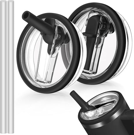 40oz Flip Straw Leak Proof Lid for Stanley H2.0 Quencher Protour Tumbler, 2 Pack Spill Proof Lid Replacement Straw Cover Top for 40 OZ Stanley Cup Accessories (Black, Black)
