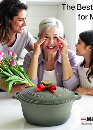 MUELLER HOME 4.5 Quart Enameled Cast Iron Dutch Oven For Sourdough Bread Baking, Heavy-Duty, Oven-Safe up to 500° F & Across All Cooktops, Casserole Dishes, Green Kitchen Accessories, Thyme Green