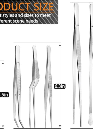 JETKONG 6 Pcs Cooking Tweezer Tongs, 12'' and 6.3" Stainless Steel Kitchen Tweezer Set, Professional Chef Tweezers for Cooking, Repairing, Sea Food, BBQ, Multi-use