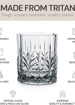 BELLAFORTE Shatterproof Tritan Plastic Short Tumbler, Set of 4, 13oz - Myrtle Beach Unbreakable Crystal Cut Old Fashioned Drinking Glasses for Party, Gifting - BPA Free - Dishwasher Safe - Smok Grey