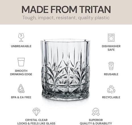 BELLAFORTE Shatterproof Tritan Plastic Short Tumbler, Set of 4, 13oz - Myrtle Beach Unbreakable Crystal Cut Old Fashioned Drinking Glasses for Party, Gifting - BPA Free - Dishwasher Safe - Smok Grey