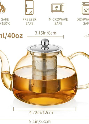 40OZ (1200ML) Glass Teapot with Infuser Stovetop Safe, Clear Glass Tea Pot Kettle, Borosilicate Tea Pot with Infusers Filter for Loose Tea, Tea Kettle Dishwasher Safe (Champagne)