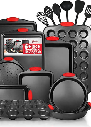 PERLLI Non-Stick 17-Piece Baking Pan Set, BPA-Free Carbon Steel Bakeware Set with Silicone Handles, Stackable Kitchen Oven Set, Cookie Sheet, Baking Tray, Baking Sheet Set, Utensils, Oven Safe (446°F)