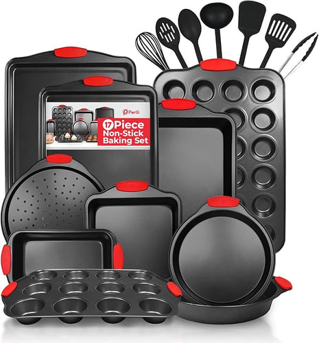 PERLLI Non-Stick 17-Piece Baking Pan Set, BPA-Free Carbon Steel Bakeware Set with Silicone Handles, Stackable Kitchen Oven Set, Cookie Sheet, Baking Tray, Baking Sheet Set, Utensils, Oven Safe (446°F)