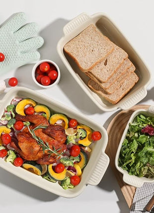 Sweejar Baking Pans Set, Ceramic 9x13 Baking Dish with Handle, Rectangular Casserole Dishes for Oven, Bakeware Sets of 3, Durable Lasagna Pan Deep for Kitchen, Banquet, Wedding Gift(Beige)