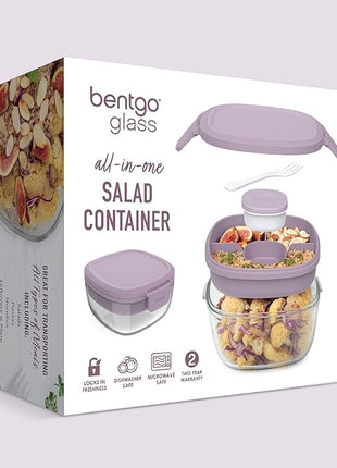 Bentgo Glass All-in-One Salad Container - Large 61-oz Salad Bowl with Lid, 4-Compartment Bento-Style Tray, 3-oz Sauce Container, and Reusable Fork - Dishwasher, Microwave, and Oven Safe (Lavender)
