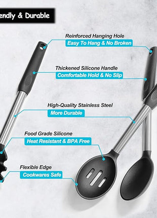 Silicone Spatula and Cooking Spoon,5 Pack Non-Stick Cooking Utensils for Kitchen，Heat Resistant Solid & Slotted Spoons and Spatulas, Stainless Steel Handle Coated with Silicone,Black