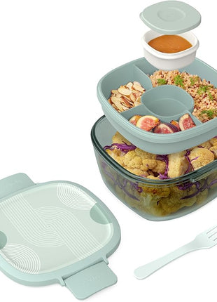 Bentgo Glass Prints All-in-One Salad Container - 61oz Tinted Glass Salad Bowl with Lid, Bento-Style Tray, Sauce Container, & Reusable Fork - Dishwasher & Microwave Safe (Mod Curve - Serene Green)