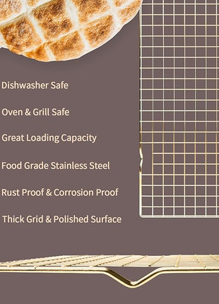 Cooling Rack for Baking, 2-Pack 16x10 Inches Baking Rack, Thick Wire Cookie Rack for Cooking, Roasting, Grilling, Drying, Oven Safe, Fits Half Sheet Pan, Gold