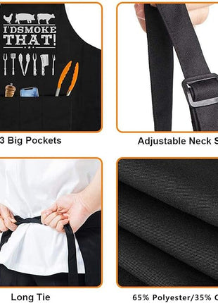 Funny Apron for Dad – I’D Smoke That – Father’s Day BBQ Gift for Men – One Size Fits Most – Black Cooking Apron with 3 Pockets for Husband, Boyfriend