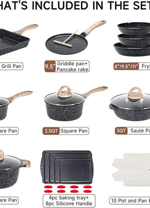 JEETEE 36Pcs Pots and Pans Set Non Stick, Cookware Set Non toxic Kitchen Healthy Induction Cooking Set W/Griddle, Sauté Pan, Baking Trays & Pancake Rake (PFOA, PFAS Free)