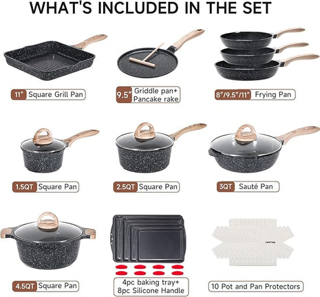 JEETEE 36Pcs Pots and Pans Set Non Stick, Cookware Set Non toxic Kitchen Healthy Induction Cooking Set W/Griddle, Sauté Pan, Baking Trays & Pancake Rake (PFOA, PFAS Free)