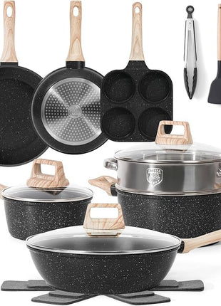 17 Pcs Pots and Pans Set Non Stick Kitchen Cookware Sets Nonstick Induction Cookware Non-toxic Black Granite Cooking Tools with Stay-Cool Handles, Pot Protectors (PFOS/PFOA Free)