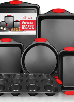 PERLLI Non-Stick 6-Piece Baking Pan Set, BPA-Free Carbon Steel Bakeware Set with Silicone Handles, Stackable Kitchen Oven Set, Cookie Sheet, Baking Tray, Baking Sheet Set, Oven Safe (446°F)