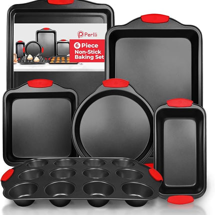 PERLLI Non-Stick 6-Piece Baking Pan Set, BPA-Free Carbon Steel Bakeware Set with Silicone Handles, Stackable Kitchen Oven Set, Cookie Sheet, Baking Tray, Baking Sheet Set, Oven Safe (446°F)