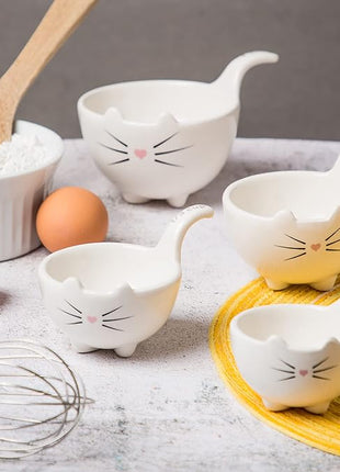 White Ceramic Cat Measuring Cups: Set of Cat Shaped Bowls - 1 Cup, 1/2 Cup, 1/3 Cup and 1/4 Cup