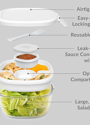 Bentgo Glass All-in-One Salad Container - Large 61-oz Salad Bowl with Lid, 4-Compartment Bento-Style Tray, 3-oz Sauce Container, and Reusable Fork - Dishwasher, Microwave, and Oven Safe (White)