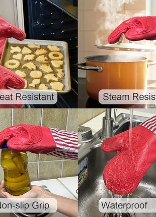 Silicone Oven Mitts Heat Resistant 932℉ with Waterproof & Non-Slip Kitchen Mittens, Set of 2 Extra Long Oven Gloves with Soft Cotton Terry Lining for Baking Cooking Barbecue (2, Red Mitts)