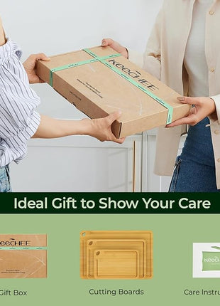 Wood Cutting Board for Kitchen - Reversible Bamboo Cutting Boards Gift Set of 3 with Juice Groove, Wooden Chopping Board for Meat, Fruit, Vegetables & Cheese (Pre Oiled, Natural)