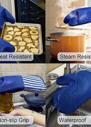 Silicone Oven Mitts Heat Resistant 932℉ with Waterproof & Non-Slip Kitchen Mittens, Set of 2 Extra Long Oven Gloves with Soft Cotton Terry Lining for Baking Cooking Barbecue (Cobait Blue, 2)