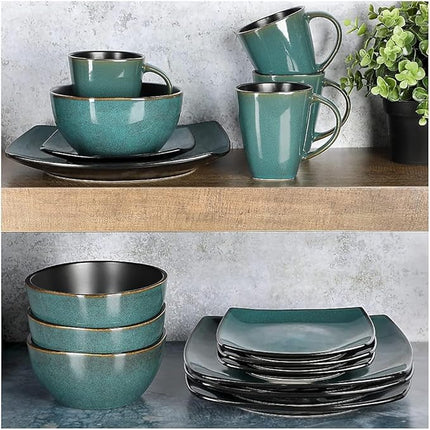 Gibson Elite Soho Lounge 16 Piece Reactive Glaze Dinnerware Set, Soft Square, Teal Green, Service for 4 (16pc)