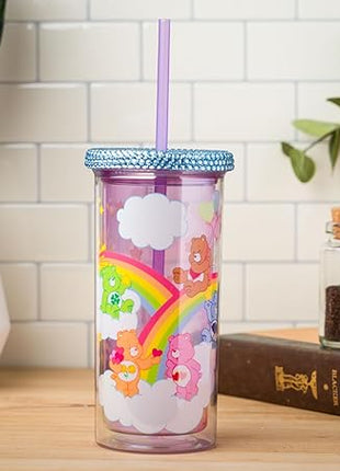 Silver Buffalo Care Bears Plastic Cold Cup with Rhinestone Lid and Straw Featuring Good Luck Bear, Love-a-Lot Bear, Friendship Bear, Tenderheart Bear, and Grumpy Bear, 20 Ounces