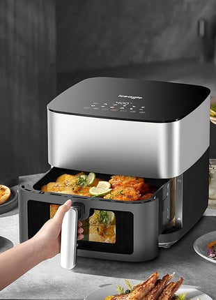 Iceagle Stainless Steel Air Fryer 9 Quart - Airfryer XXL with Large Viewing Window, Dual Heating Elements, 12-in-1 Function to Roast, Bake, Broil, Defrost, Reheat, Dishwasher-Safe Parts, 1700W, Siver
