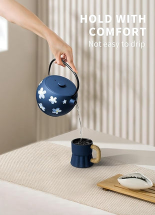 Toptier Teapot with Removable Infuser, Cast Iron Tea Kettle Stovetop Safe, Solid Geometry Ball Design Tea Pot Coated with Enameled Interior for 32 Ounce (950 ml), Navy Flower