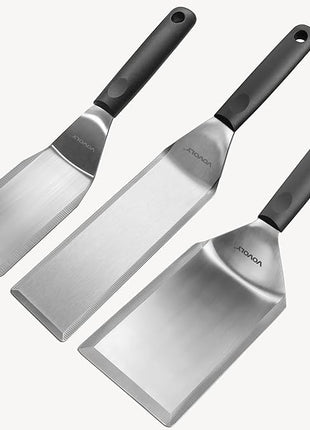 Stainless Steel Spatula Set With Full Tang Silicone Handle & Beveled Edges - Long Wide for Cast Iron Griddle BBQ Flat Top Grill, Pancake, Smash Burgers
