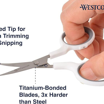 Westcott 4" Embroidery Scissors with Curved Titanium-Bonded Blades for Flush Trimming, Crafting, Sewing & More (White/Gray)