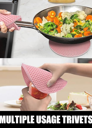 Rorecay 6pcs Oven Mitts and Pot Holders Sets for Kitchen, Extra Long Non-Slip Silicone Oven Gloves Heat Resistant 500 Degrees Potholders Hot Pads for Baking Cooking, Quilted Liner, Pink